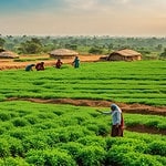A vibrant Indian farm during the rabi season, showcasing farmers sowing chana seeds with clear skies and lush green fields in the background.