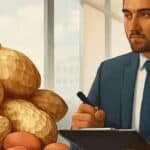 A businessman in a suit analyzing peanut market data with a clipboard, seated next to a large pile of unshelled and shelled peanuts in an office setting.