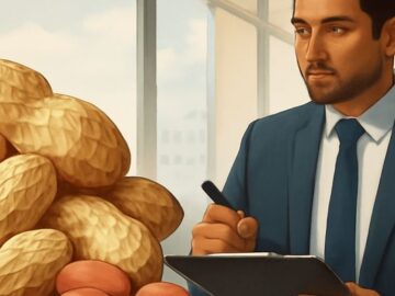 A businessman in a suit analyzing peanut market data with a clipboard, seated next to a large pile of unshelled and shelled peanuts in an office setting.