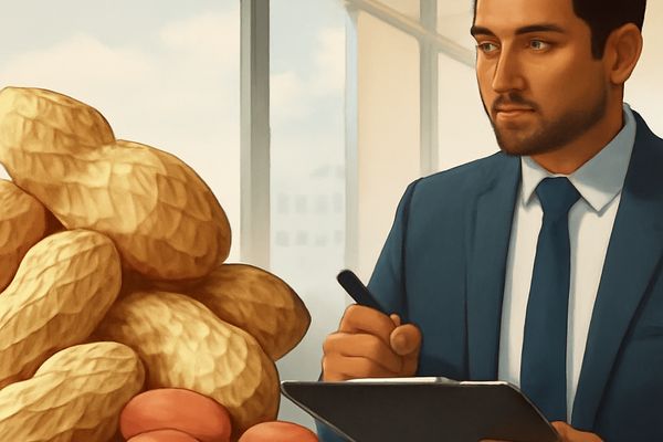 A businessman in a suit analyzing peanut market data with a clipboard, seated next to a large pile of unshelled and shelled peanuts in an office setting.