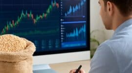 A commodities trader analyzing sesame market trends on a computer screen displaying price charts and trading graphs, with sacks of sesame seeds placed on the desk in the foreground.