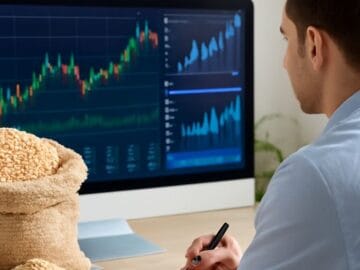 A commodities trader analyzing sesame market trends on a computer screen displaying price charts and trading graphs, with sacks of sesame seeds placed on the desk in the foreground.