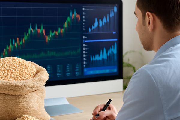 A commodities trader analyzing sesame market trends on a computer screen displaying price charts and trading graphs, with sacks of sesame seeds placed on the desk in the foreground.