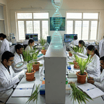 "Scientists examining rice plants in a crop research laboratory in India."