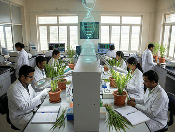 "Scientists examining rice plants in a crop research laboratory in India."