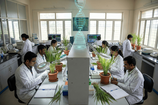 "Scientists examining rice plants in a crop research laboratory in India."