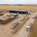 Neutral aerial view of Australian agricultural export logistics showing containers and produce transport