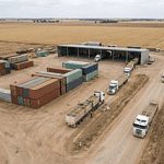 Neutral aerial view of Australian agricultural export logistics showing containers and produce transport
