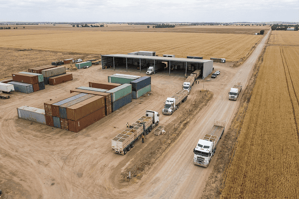 Neutral aerial view of Australian agricultural export logistics showing containers and produce transport
