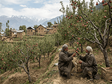 Apple orchards in Kashmir Valley with farmers inspecting fruit quality amid Himalayan foothills