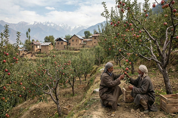 Apple orchards in Kashmir Valley with farmers inspecting fruit quality amid Himalayan foothills