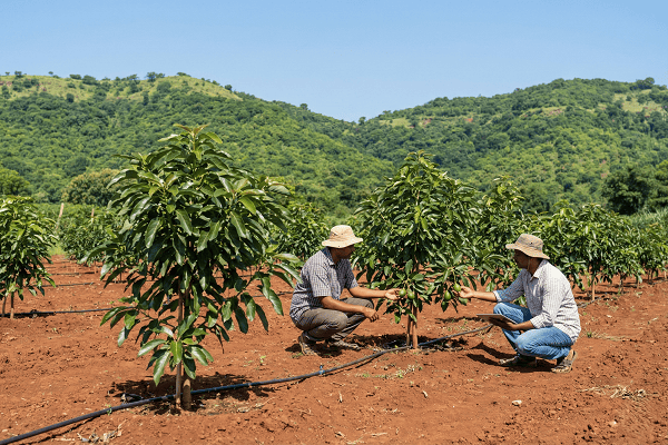 "Avocado trees in a commercial orchard in India with farmers inspecting young fruit."