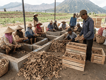"Workers sorting and washing fresh ginger roots on Indonesian farms for export."