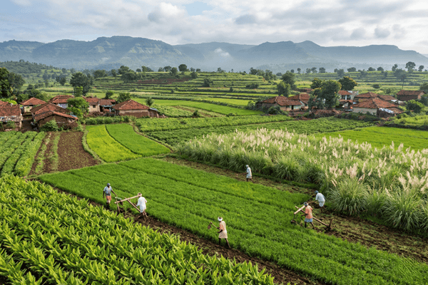 Farmers practicing natural farming in Maharashtra while cultivating medicinal and aromatic crops such as turmeric and lemongrass.