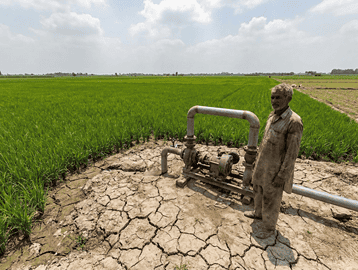 "Rice fields in northern India with a borewell pump used for groundwater extraction."