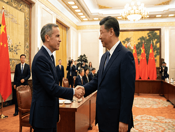 “Canadian Prime Minister Mark Carney shaking hands with Chinese President Xi Jinping inside the Great Hall of the People in Beijing during high-level trade talks on EV and canola tariffs.”