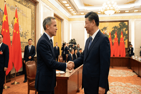 “Canadian Prime Minister Mark Carney shaking hands with Chinese President Xi Jinping inside the Great Hall of the People in Beijing during high-level trade talks on EV and canola tariffs.”