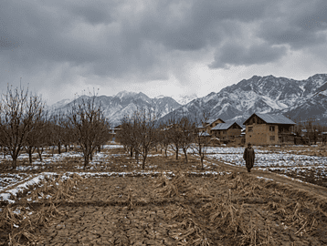 Kashmir Valley winter landscape with dry fields and distant mountains, apple orchards and saffron fields under cloudy skies, rural agriculture setting, climate stress visual, realistic documentary photography, natural colors, no text, no logos