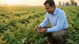 Indian farmer inspecting chana chickpea crop in a rabi season field, illustrating the decline in chana acreage and rising India prices in 2025.