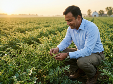 Indian farmer inspecting chana chickpea crop in a rabi season field, illustrating the decline in chana acreage and rising India prices in 2025.