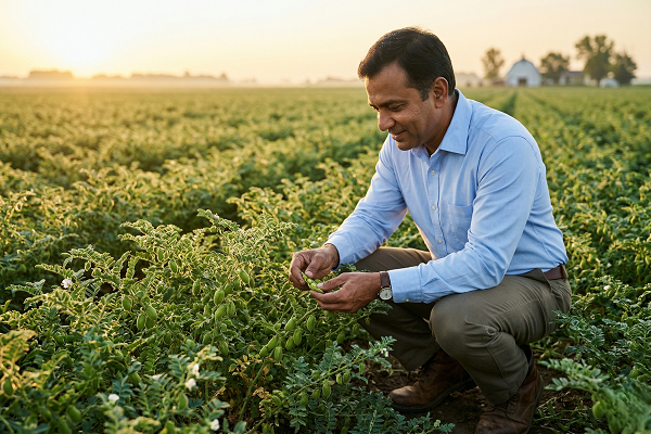 Indian farmer inspecting chana chickpea crop in a rabi season field, illustrating the decline in chana acreage and rising India prices in 2025.
