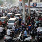 Indian petrol pump queue during fuel shortage in Rajkot, Gujarat, amid India fuel shortage West Asia crisis in March 2026