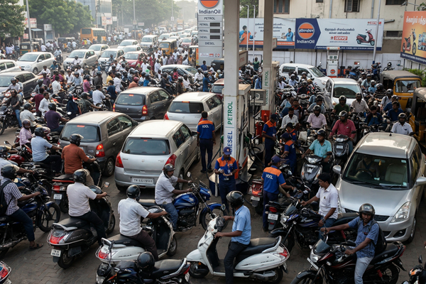 Indian petrol pump queue during fuel shortage in Rajkot, Gujarat, amid India fuel shortage West Asia crisis in March 2026