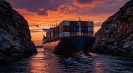 Container ship in strategic maritime corridor under trade tension