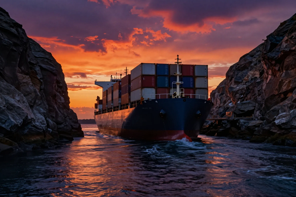 Container ship in strategic maritime corridor under trade tension